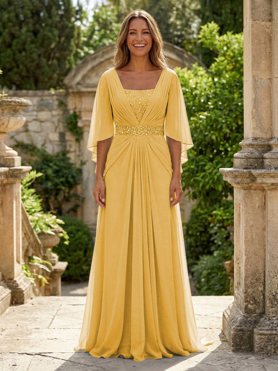 A-Line Chiffon Pleated Long Mother of the Bride & Groom Dresses with 3/4 Flutter Sleeves & Sequin Waist