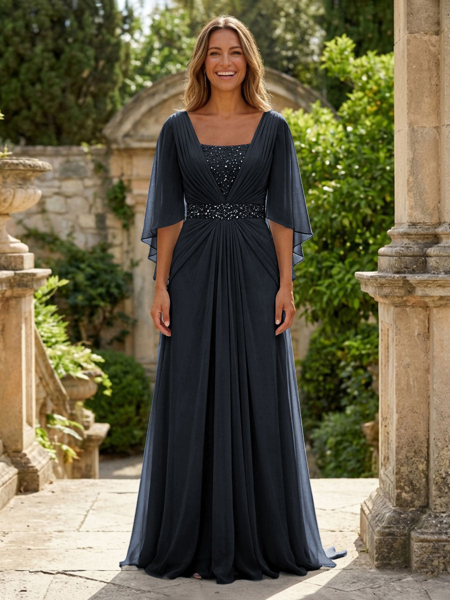 A-Line Chiffon Pleated Long Mother of the Bride & Groom Dresses with 3/4 Flutter Sleeves & Sequin Waist