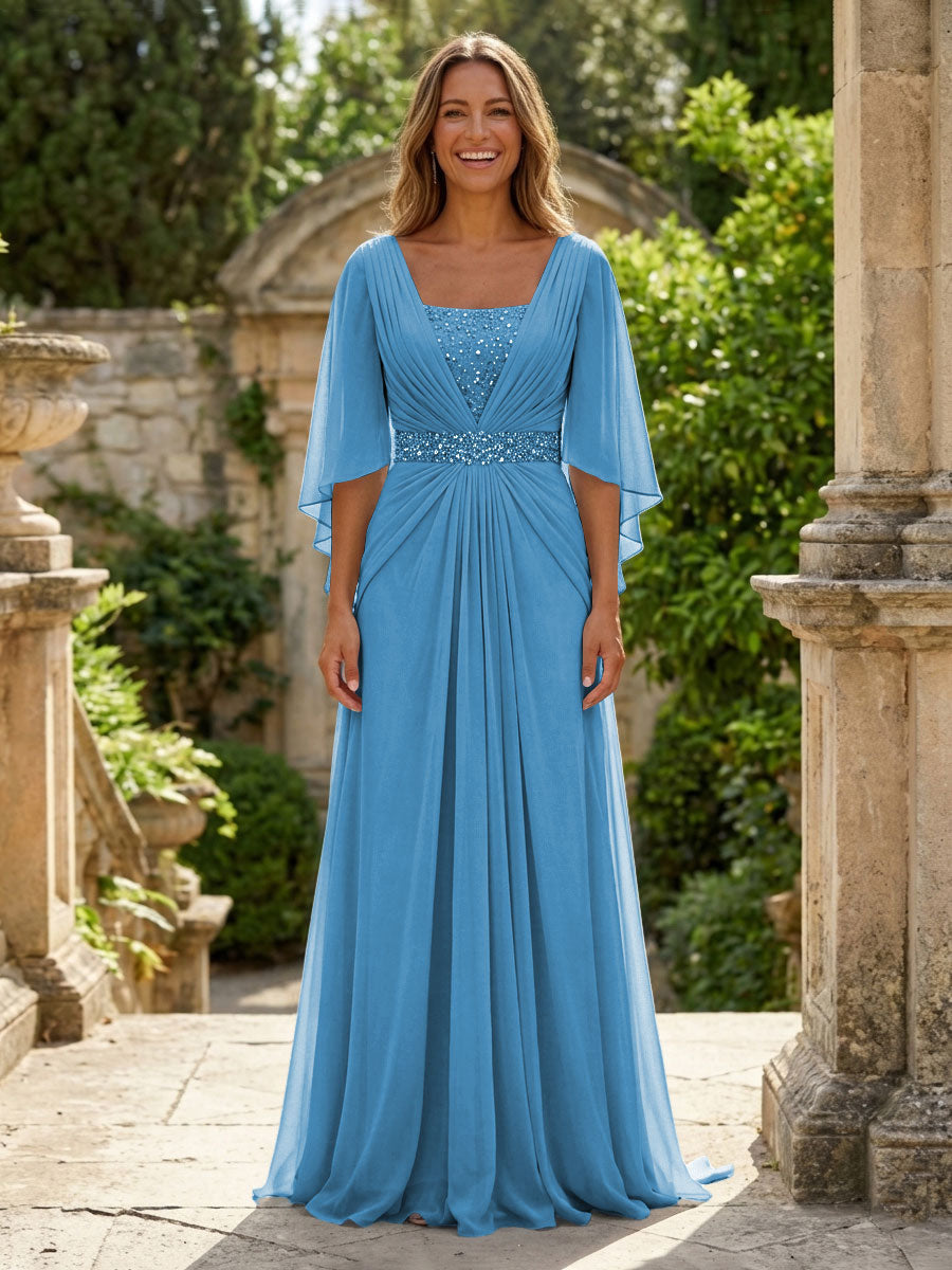 A-Line Chiffon Pleated Long Mother of the Bride & Groom Dresses with 3/4 Flutter Sleeves & Sequin Waist