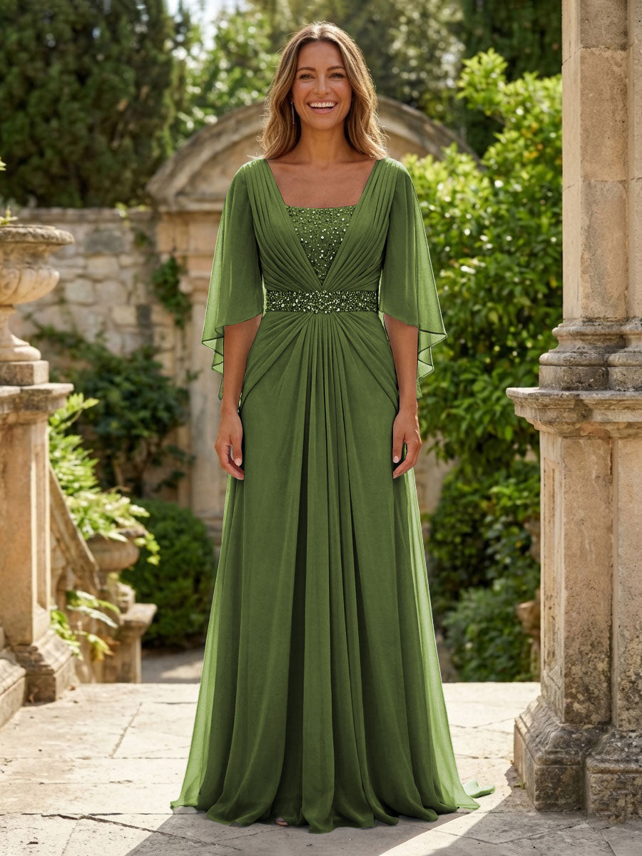 A-Line Chiffon Pleated Long Mother of the Bride & Groom Dresses with 3/4 Flutter Sleeves & Sequin Waist