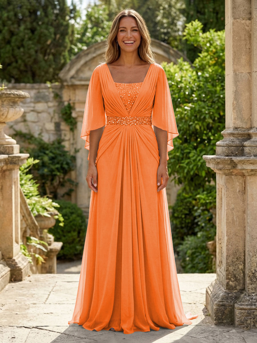 A-Line Chiffon Pleated Long Mother of the Bride & Groom Dresses with 3/4 Flutter Sleeves & Sequin Waist