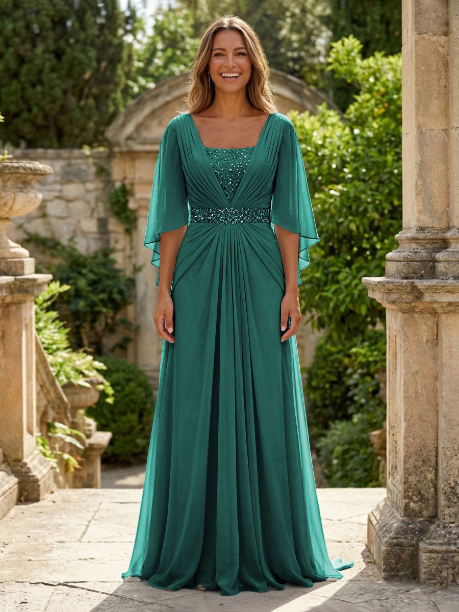 A-Line Chiffon Pleated Long Mother of the Bride & Groom Dresses with 3/4 Flutter Sleeves & Sequin Waist