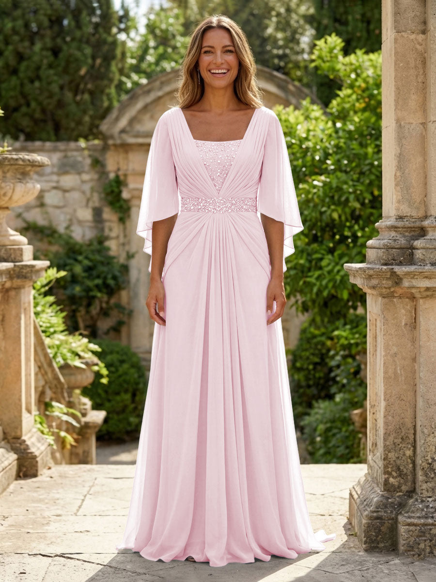 A-Line Chiffon Pleated Long Mother of the Bride & Groom Dresses with 3/4 Flutter Sleeves & Sequin Waist