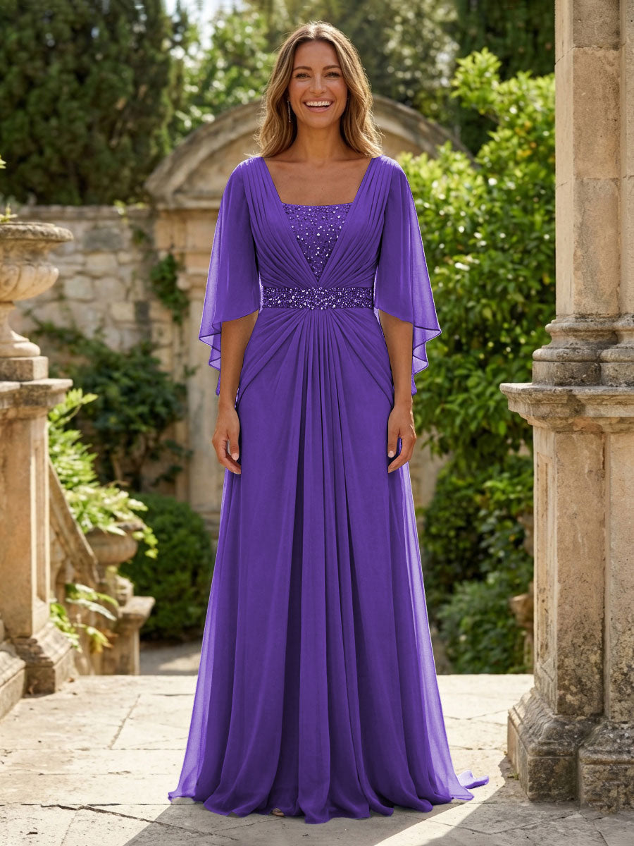 A-Line Chiffon Pleated Long Mother of the Bride & Groom Dresses with 3/4 Flutter Sleeves & Sequin Waist