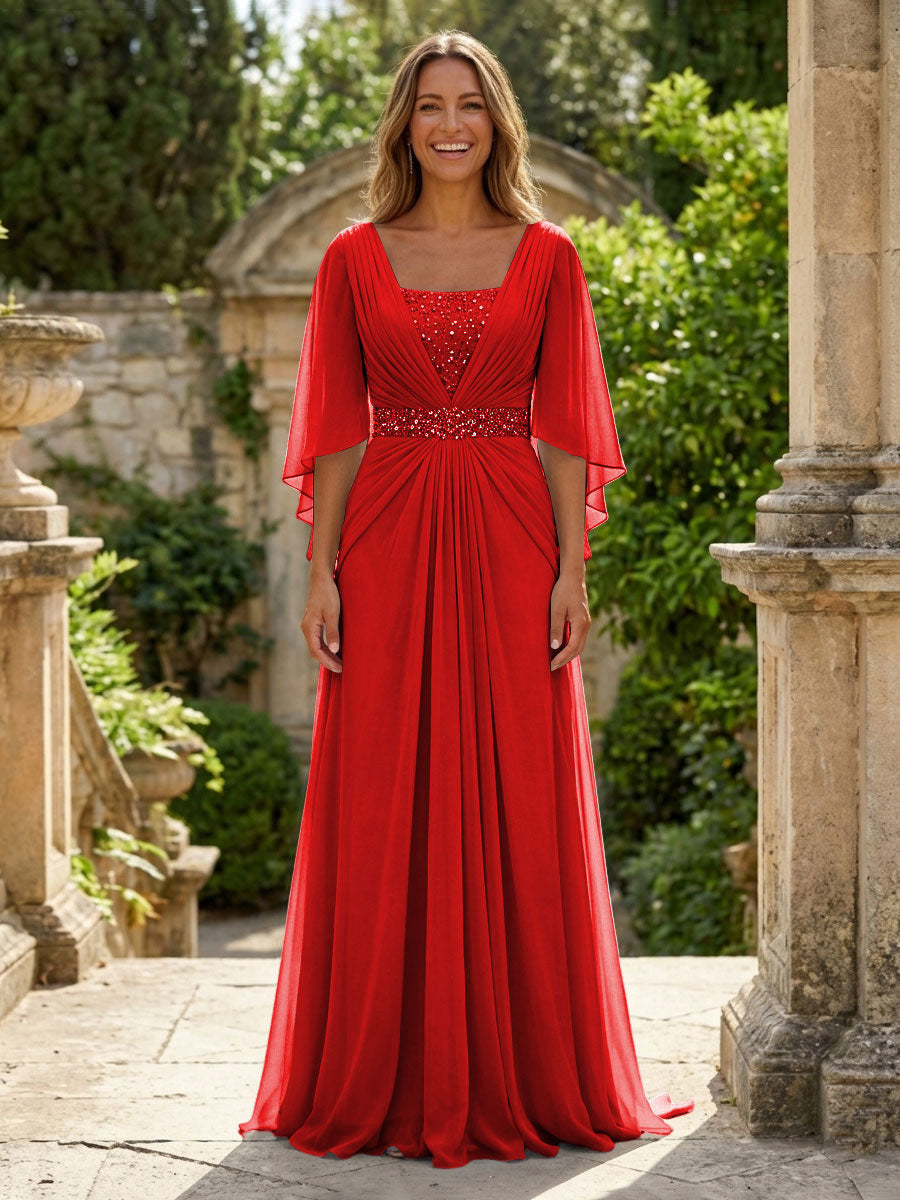 A-Line Chiffon Pleated Long Mother of the Bride & Groom Dresses with 3/4 Flutter Sleeves & Sequin Waist