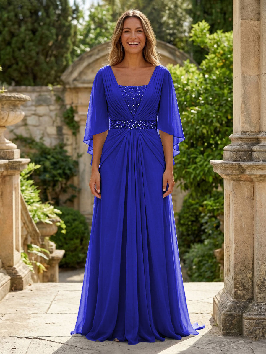 A-Line Chiffon Pleated Long Mother of the Bride & Groom Dresses with 3/4 Flutter Sleeves & Sequin Waist