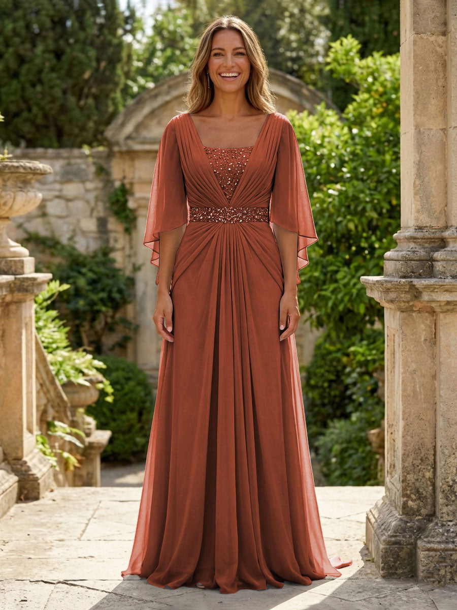 A-Line Chiffon Pleated Long Mother of the Bride & Groom Dresses with 3/4 Flutter Sleeves & Sequin Waist