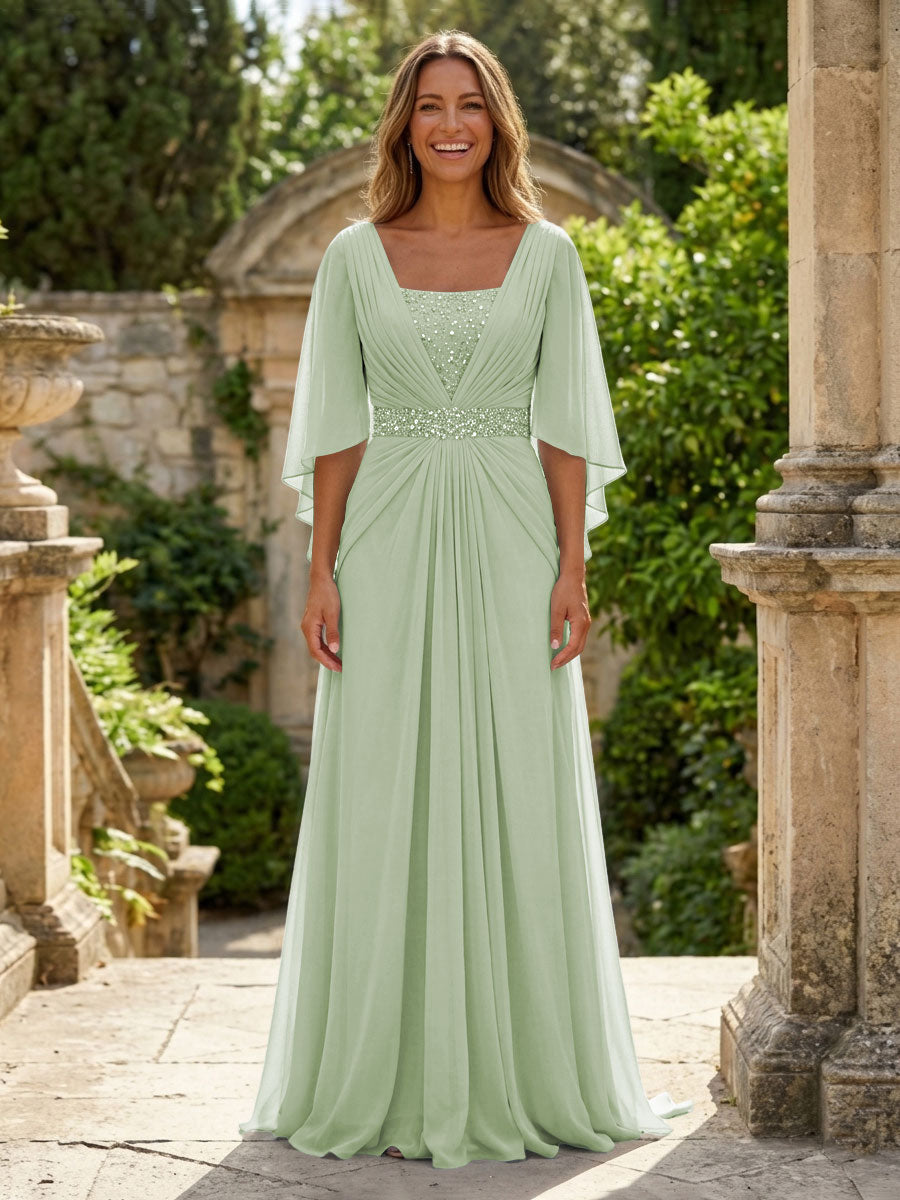 A-Line Chiffon Pleated Long Mother of the Bride & Groom Dresses with 3/4 Flutter Sleeves & Sequin Waist