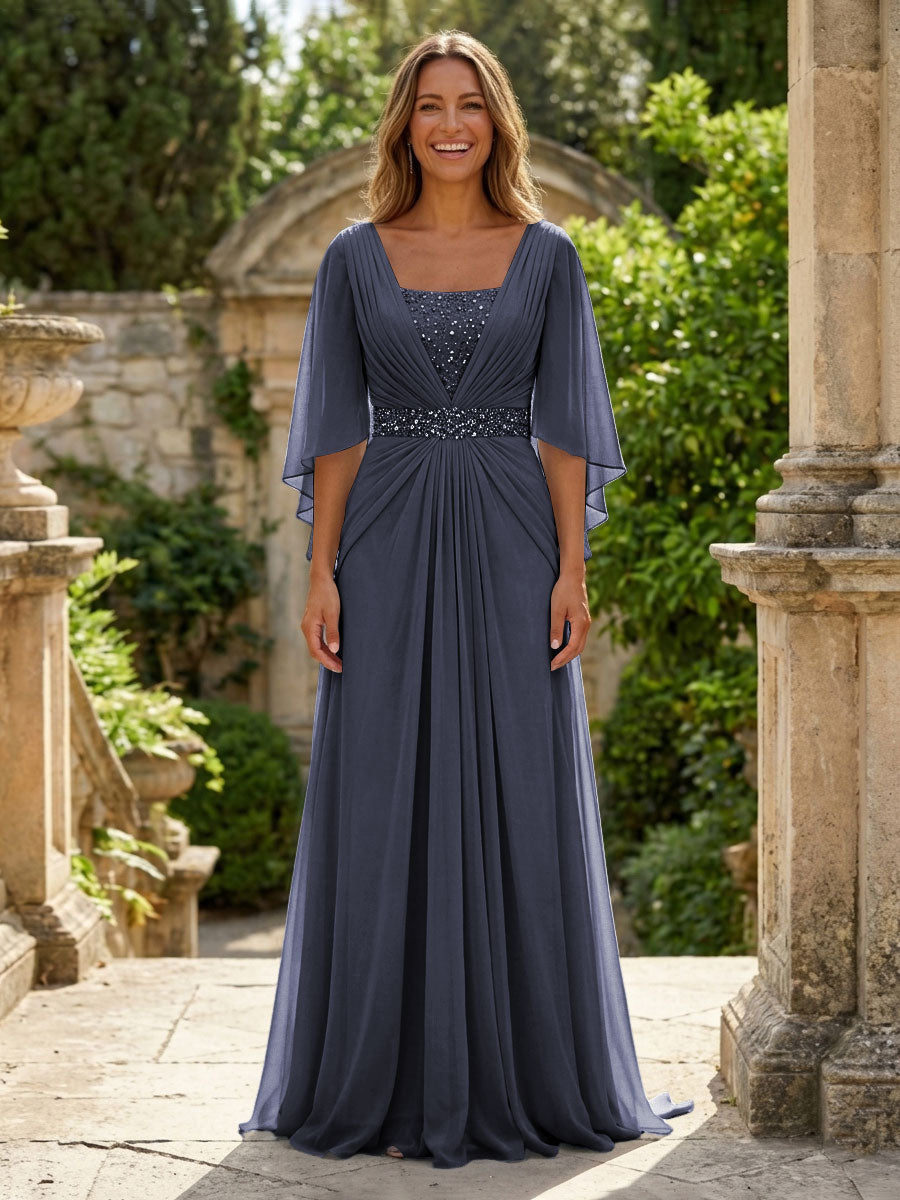 A-Line Chiffon Pleated Long Mother of the Bride & Groom Dresses with 3/4 Flutter Sleeves & Sequin Waist