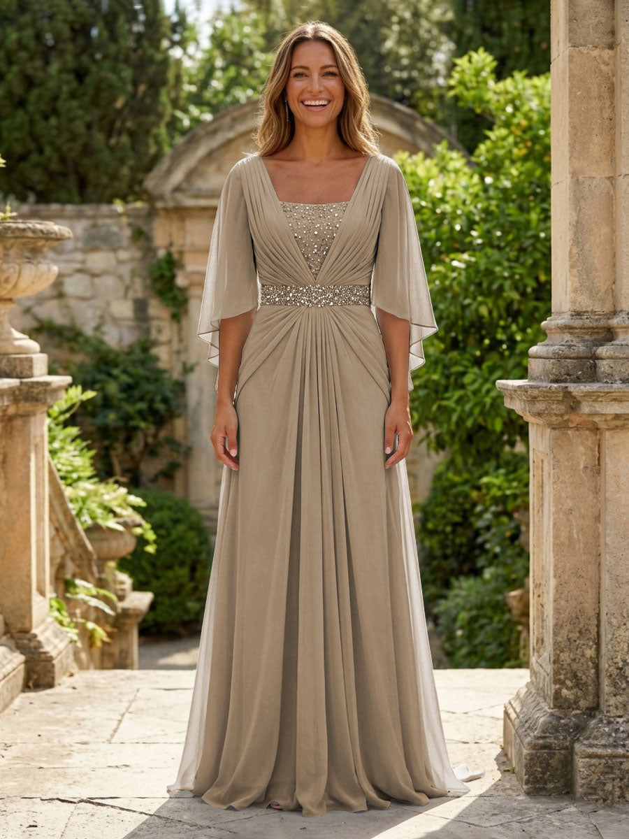 A-Line Chiffon Pleated Long Mother of the Bride & Groom Dresses with 3/4 Flutter Sleeves & Sequin Waist