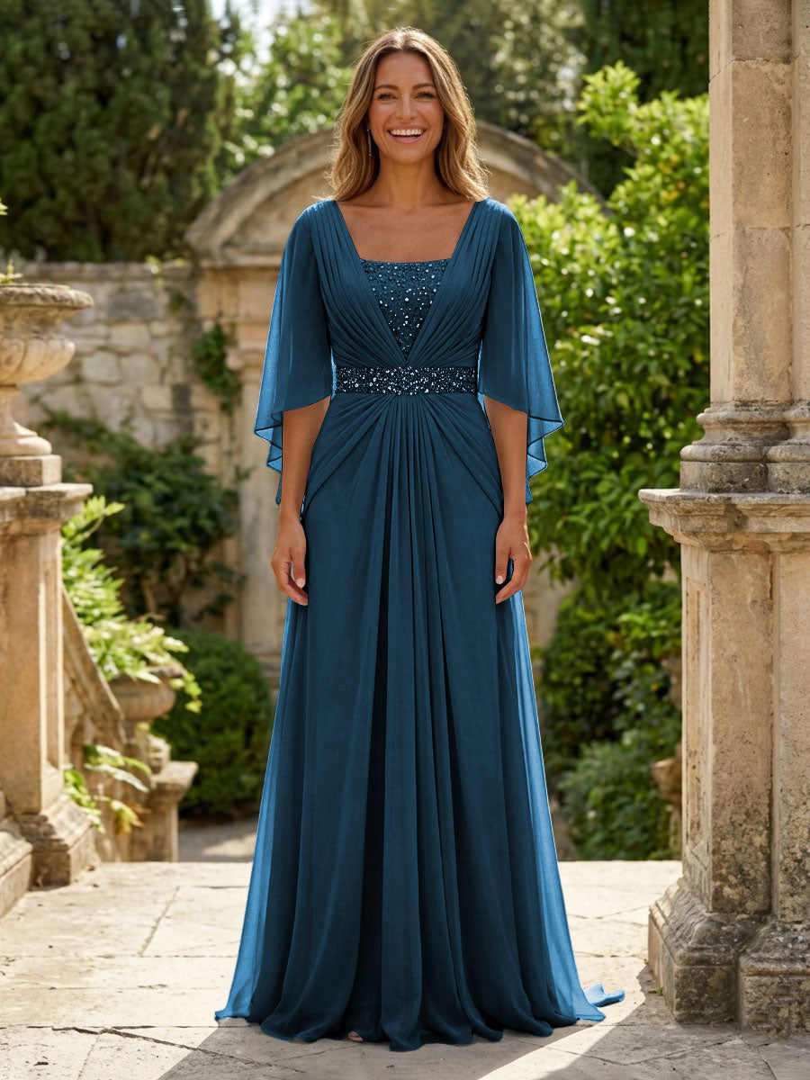 A-Line Chiffon Pleated Long Mother of the Bride & Groom Dresses with 3/4 Flutter Sleeves & Sequin Waist