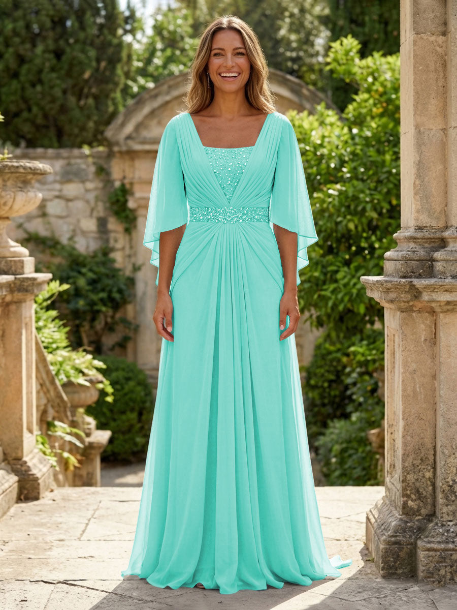 A-Line Chiffon Pleated Long Mother of the Bride & Groom Dresses with 3/4 Flutter Sleeves & Sequin Waist