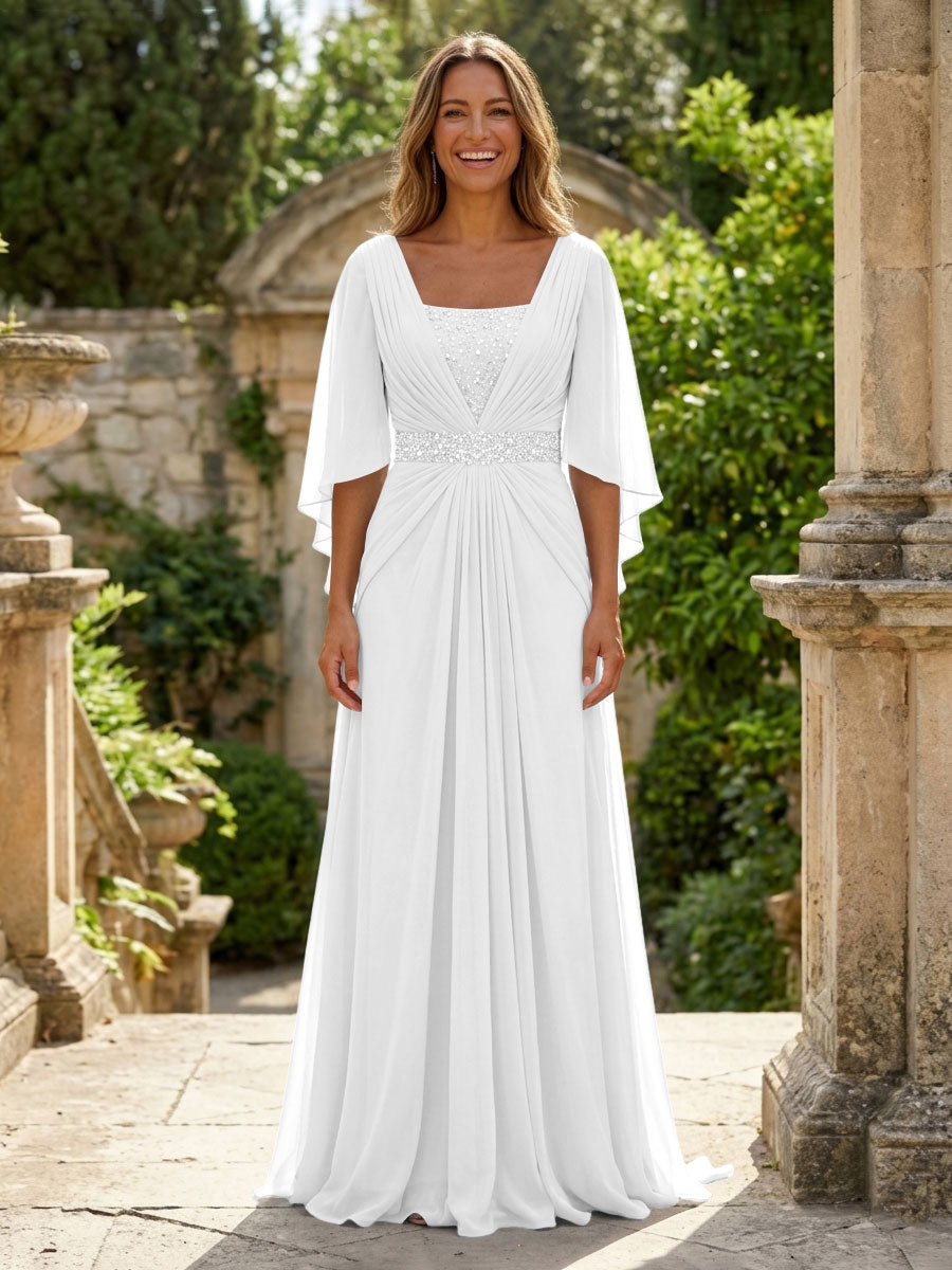 A-Line Chiffon Pleated Long Mother of the Bride & Groom Dresses with 3/4 Flutter Sleeves & Sequin Waist
