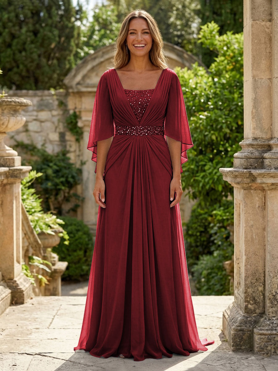 A-Line Chiffon Pleated Long Mother of the Bride & Groom Dresses with 3/4 Flutter Sleeves & Sequin Waist