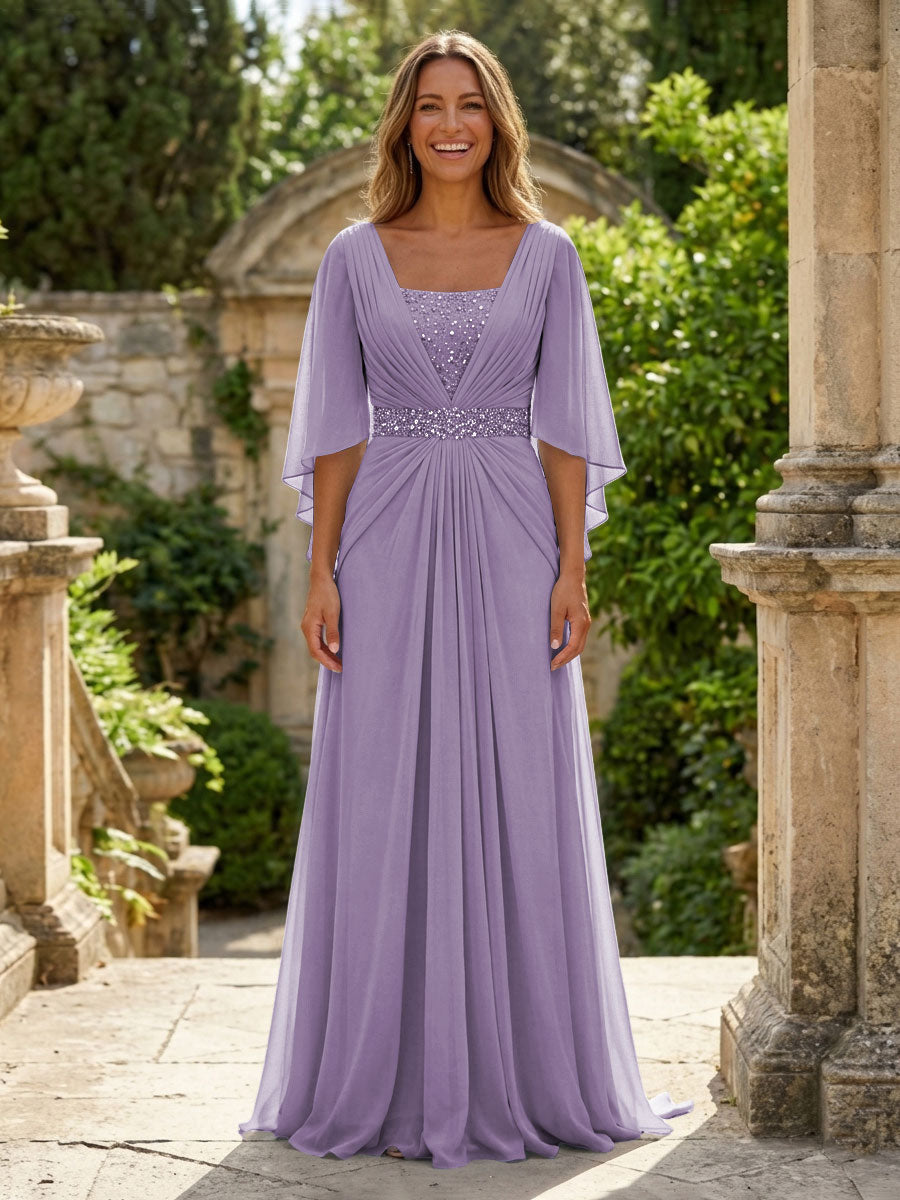 A-Line Chiffon Pleated Long Mother of the Bride & Groom Dresses with 3/4 Flutter Sleeves & Sequin Waist
