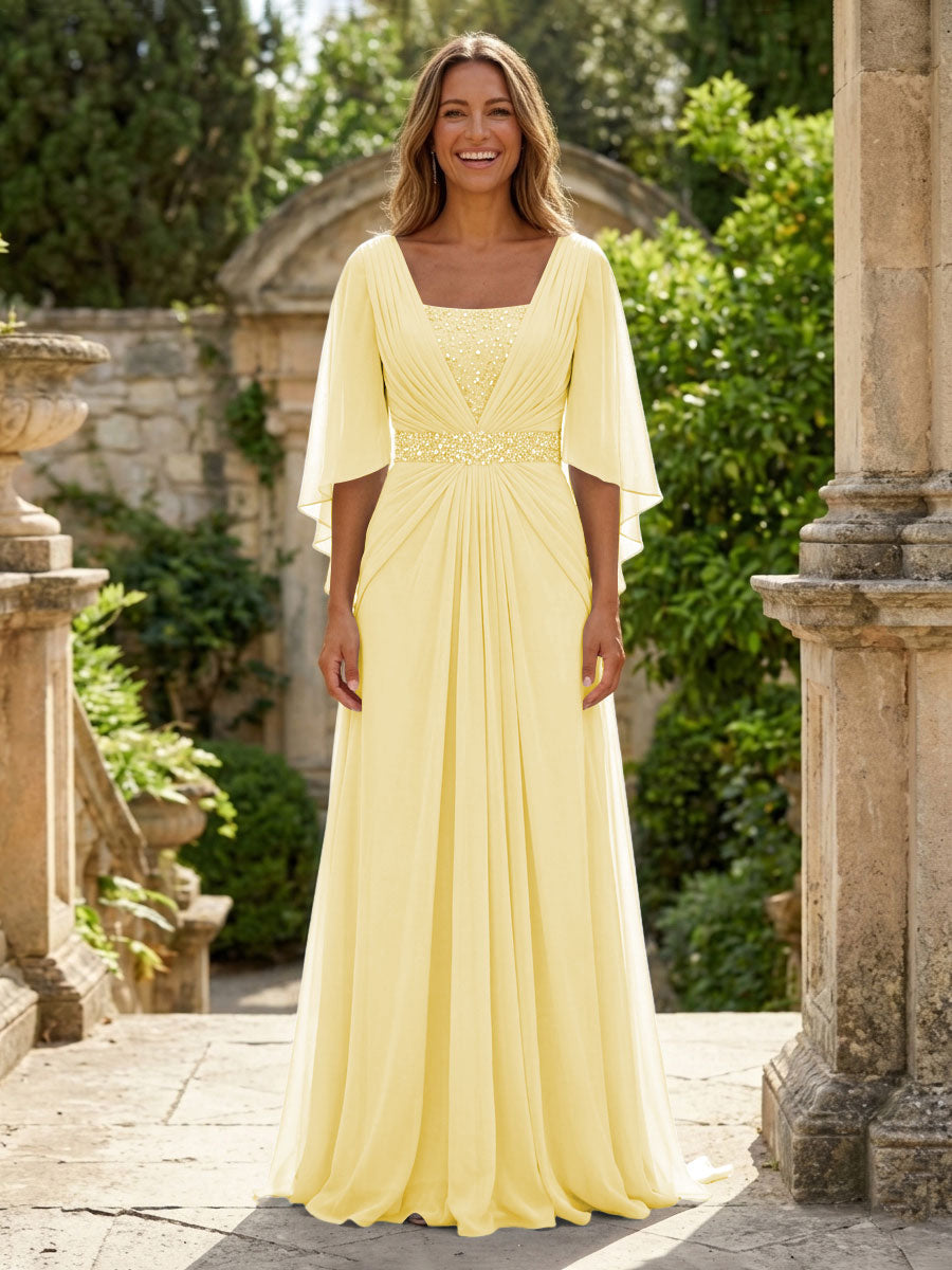 A-Line Chiffon Pleated Long Mother of the Bride & Groom Dresses with 3/4 Flutter Sleeves & Sequin Waist