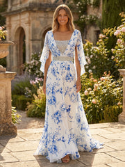 A-Line Chiffon Floral Print Long Mother of the Bride & Groom Dresses with Beaded Waist