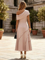 A-Line Jersey Off Shoulder Midi-Length Mother of the Bride & Groom Dresses with Pockets