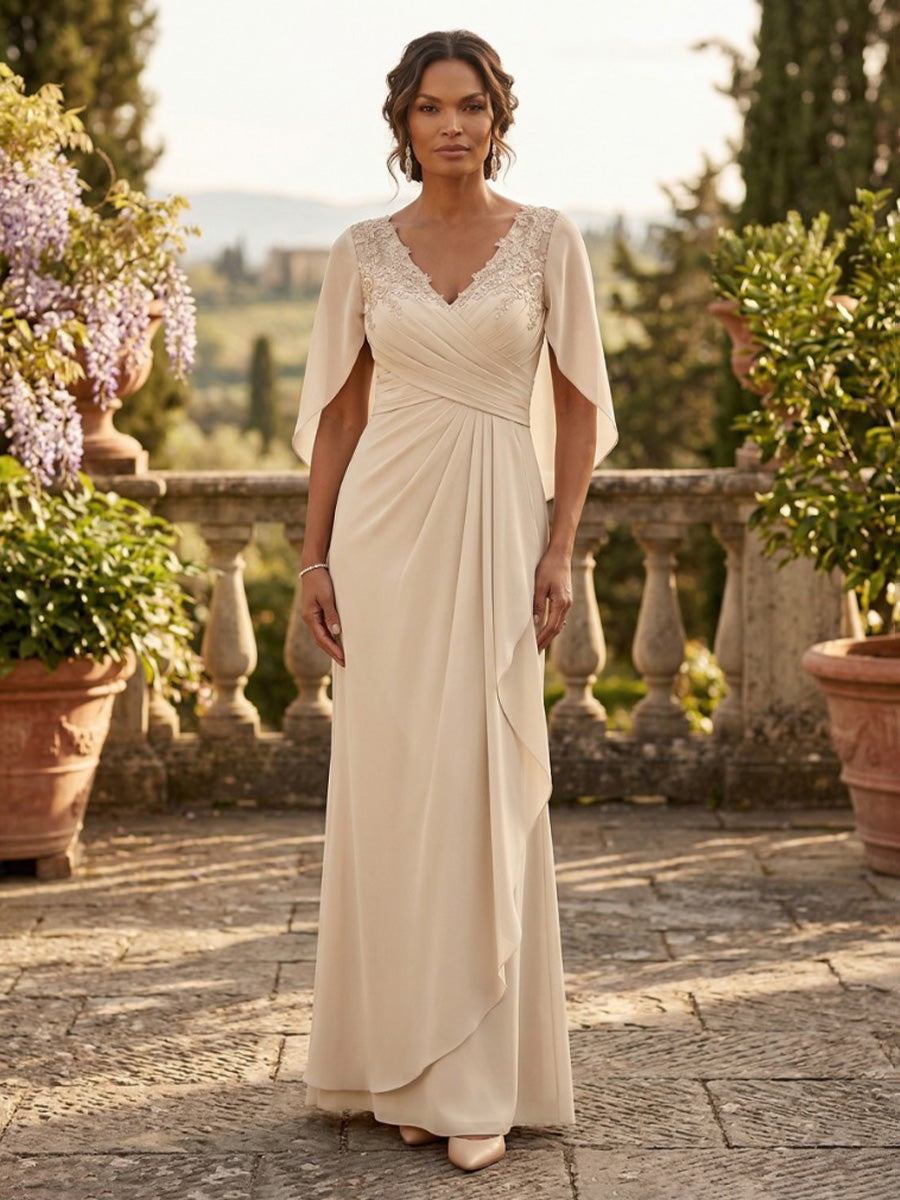 A-Line Chiffon Cape Sleeves Floor-Length Mother of the Bride & Groom Dresses with Ruched Waist