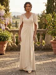 A-Line Chiffon Cape Sleeves Floor-Length Mother of the Bride & Groom Dresses with Ruched Waist