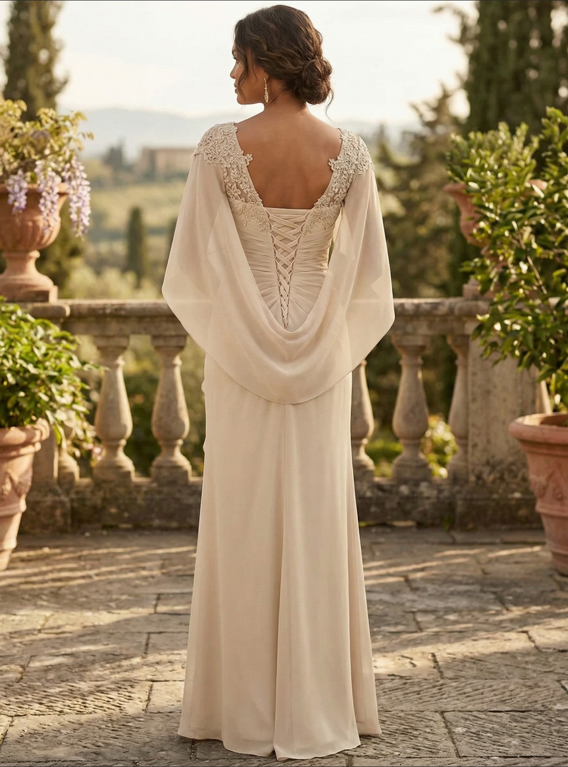 A-Line Chiffon Cape Sleeves Floor-Length Mother of the Bride & Groom Dresses with Ruched Waist