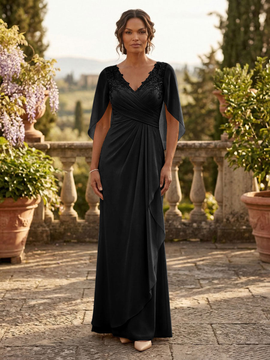 A-Line Chiffon Cape Sleeves Floor-Length Mother of the Bride & Groom Dresses with Ruched Waist