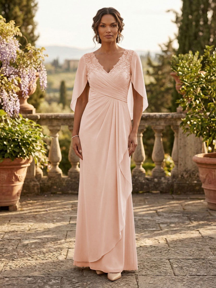 A-Line Chiffon Cape Sleeves Floor-Length Mother of the Bride & Groom Dresses with Ruched Waist