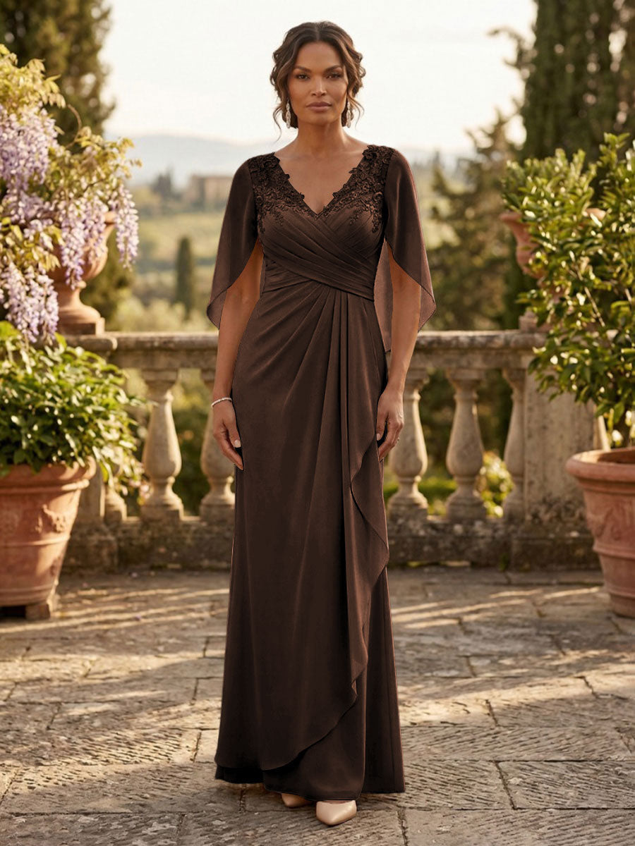 A-Line Chiffon Cape Sleeves Floor-Length Mother of the Bride & Groom Dresses with Ruched Waist
