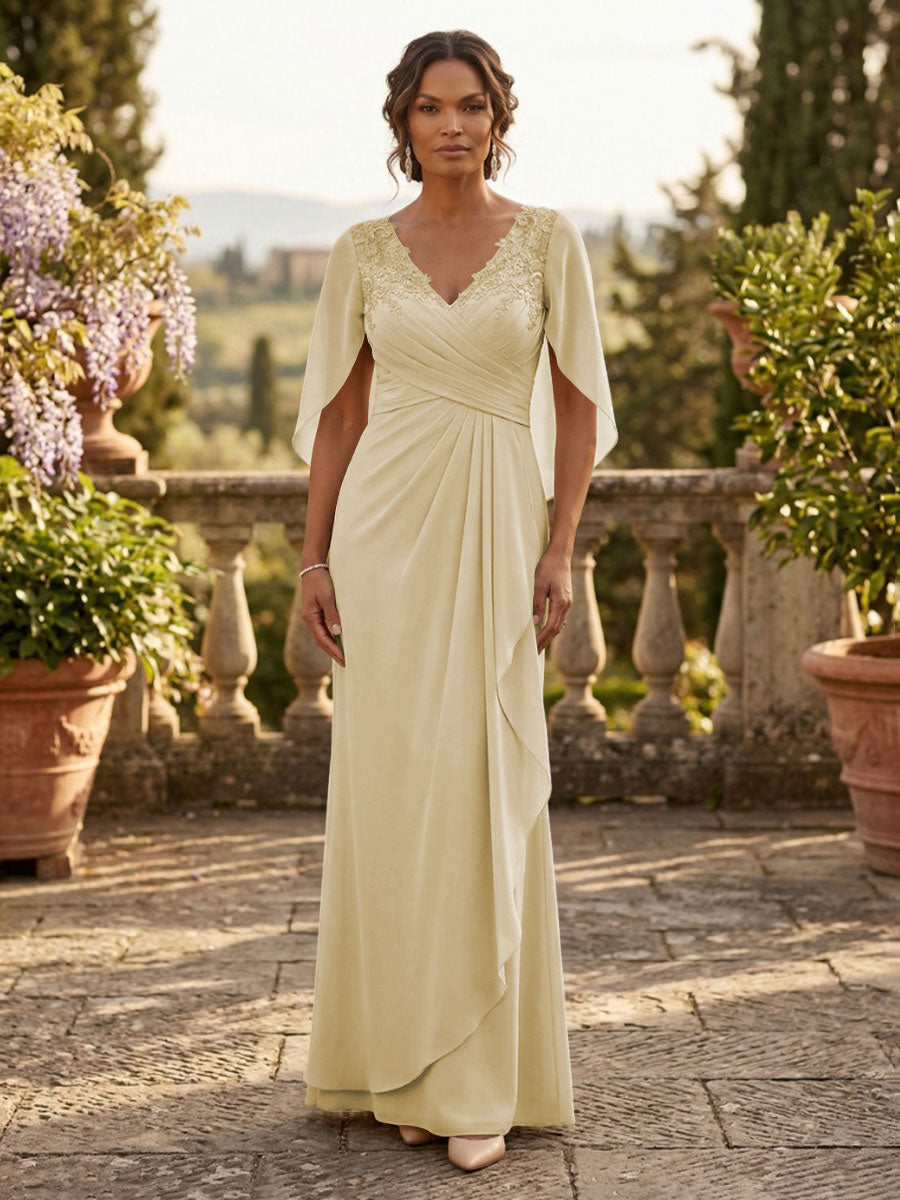 A-Line Chiffon Cape Sleeves Floor-Length Mother of the Bride & Groom Dresses with Ruched Waist