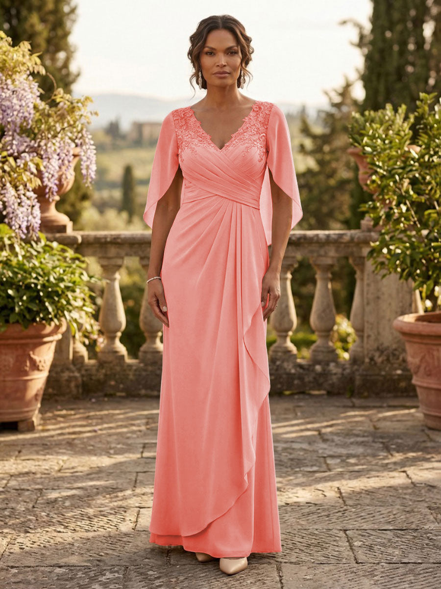A-Line Chiffon Cape Sleeves Floor-Length Mother of the Bride & Groom Dresses with Ruched Waist