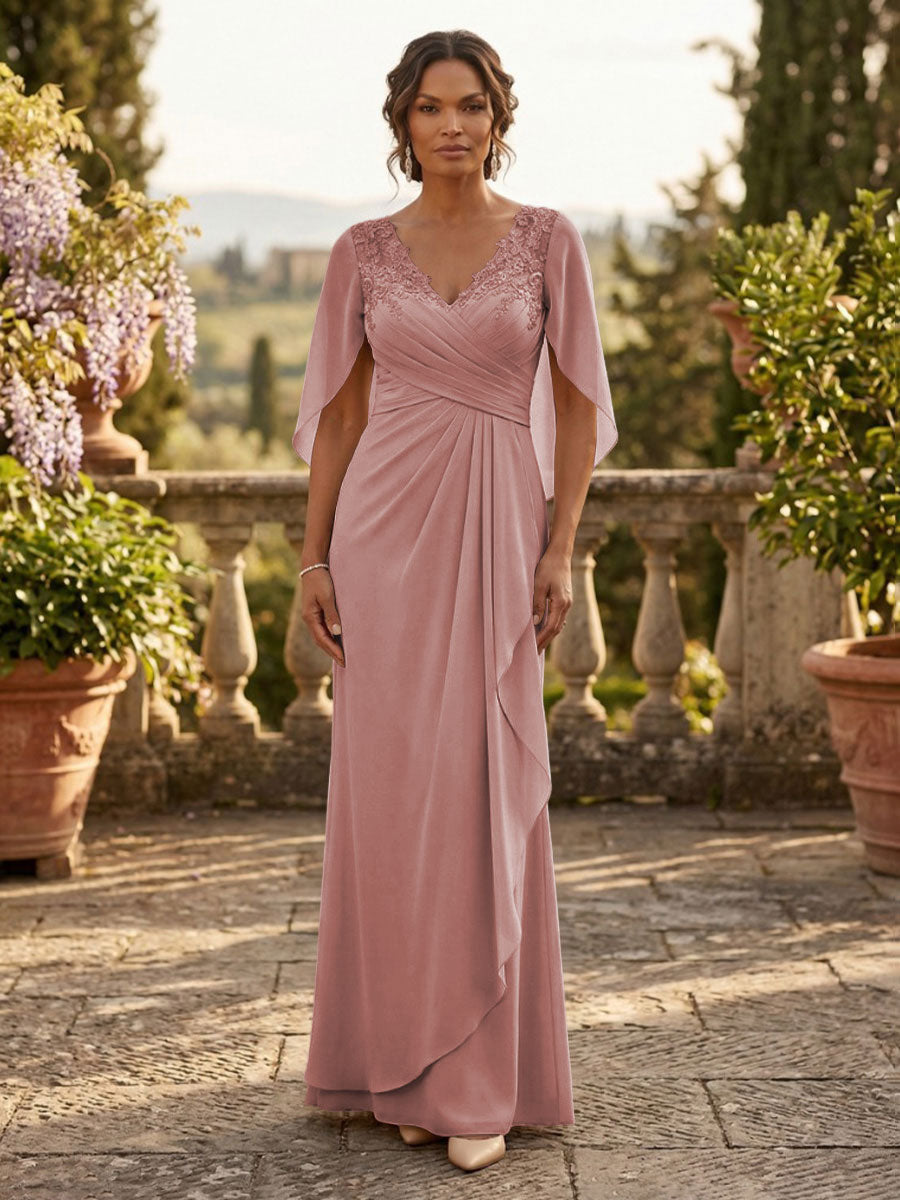 A-Line Chiffon Cape Sleeves Floor-Length Mother of the Bride & Groom Dresses with Ruched Waist