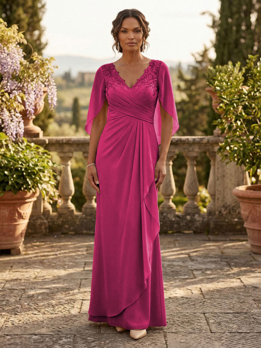A-Line Chiffon Cape Sleeves Floor-Length Mother of the Bride & Groom Dresses with Ruched Waist