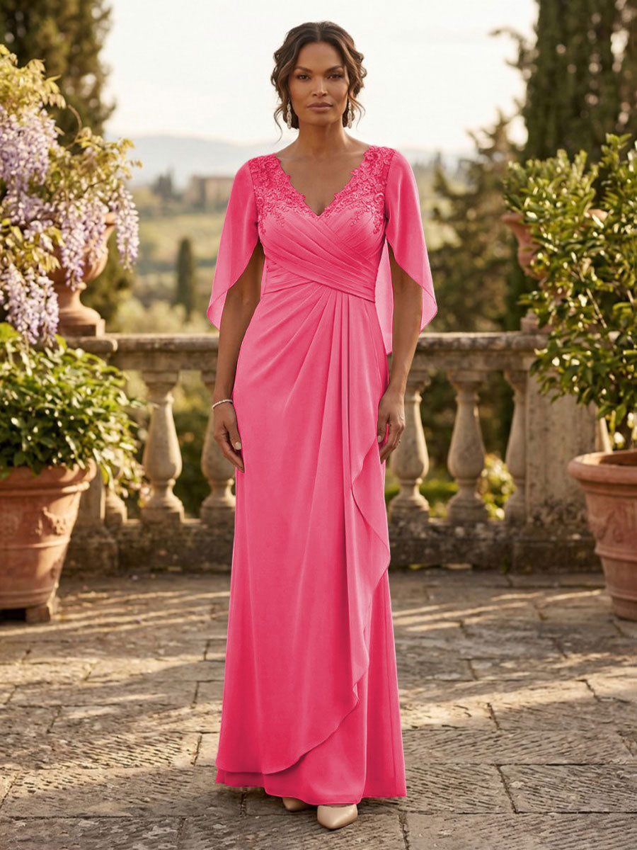 A-Line Chiffon Cape Sleeves Floor-Length Mother of the Bride & Groom Dresses with Ruched Waist