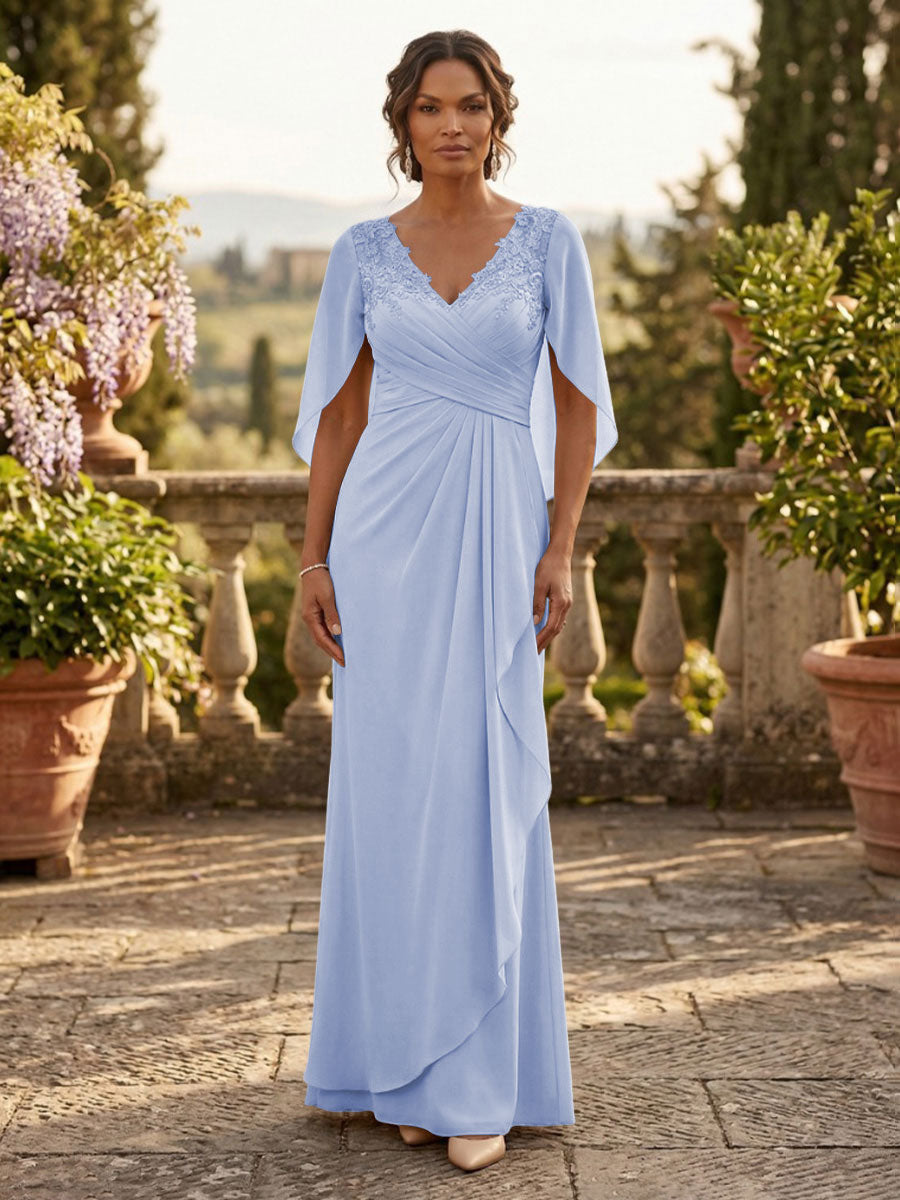 A-Line Chiffon Cape Sleeves Floor-Length Mother of the Bride & Groom Dresses with Ruched Waist