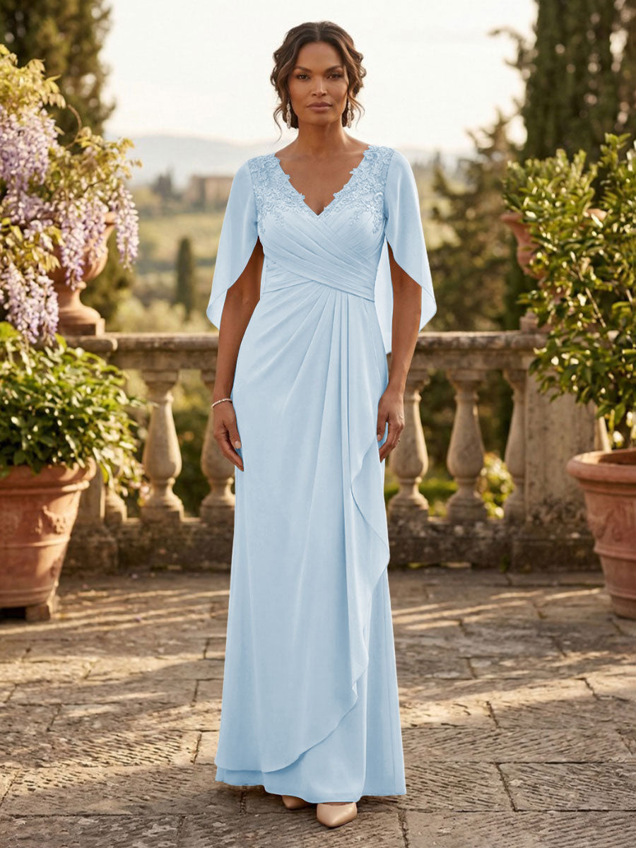 A-Line Chiffon Cape Sleeves Floor-Length Mother of the Bride & Groom Dresses with Ruched Waist