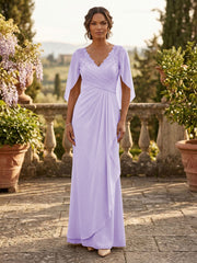 A-Line Chiffon Cape Sleeves Floor-Length Mother of the Bride & Groom Dresses with Ruched Waist