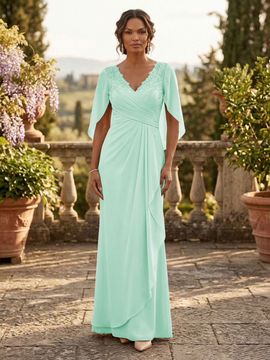 A-Line Chiffon Cape Sleeves Floor-Length Mother of the Bride & Groom Dresses with Ruched Waist