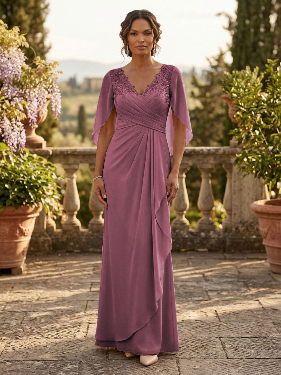 A-Line Chiffon Cape Sleeves Floor-Length Mother of the Bride & Groom Dresses with Ruched Waist