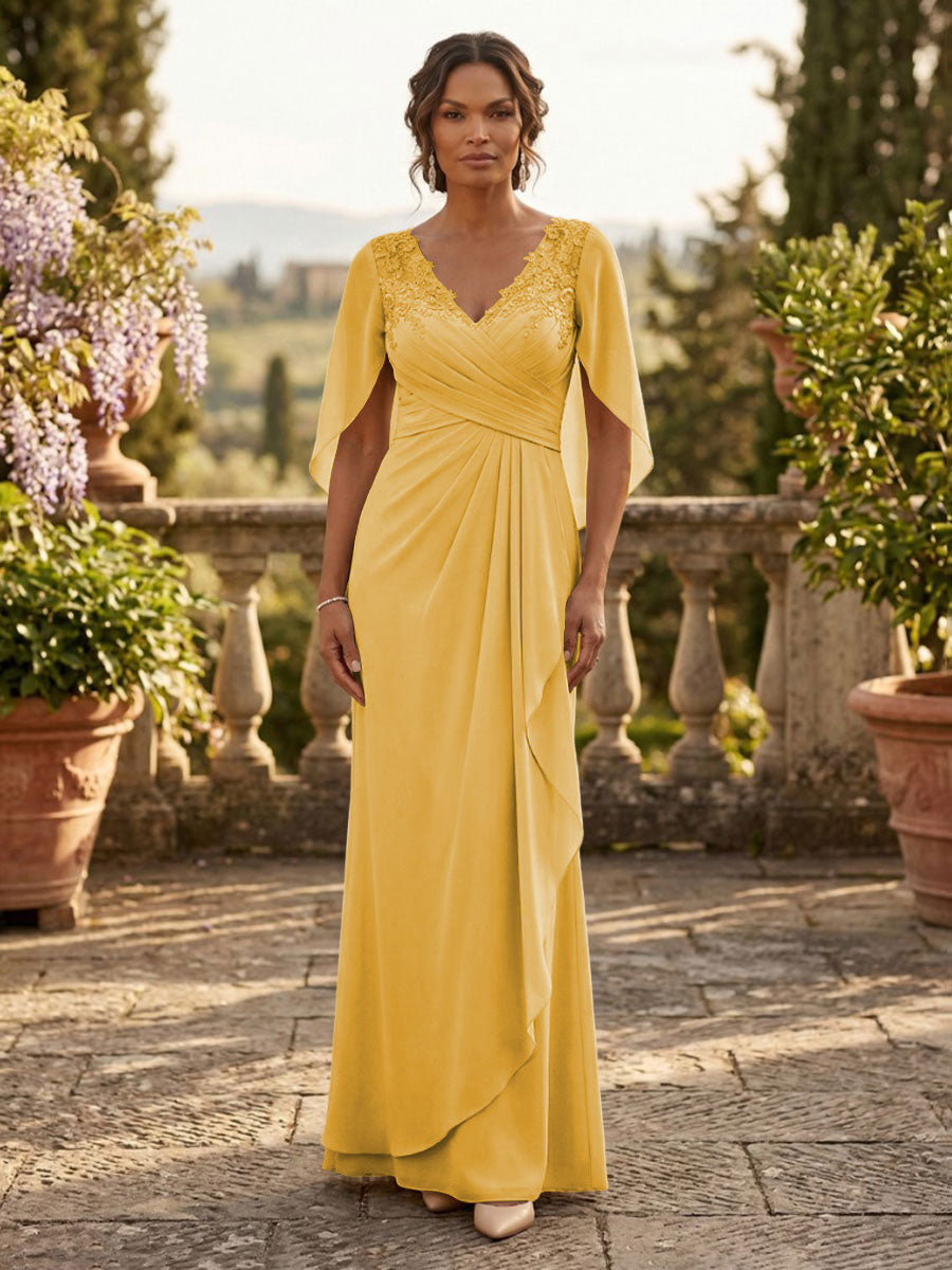 A-Line Chiffon Cape Sleeves Floor-Length Mother of the Bride & Groom Dresses with Ruched Waist