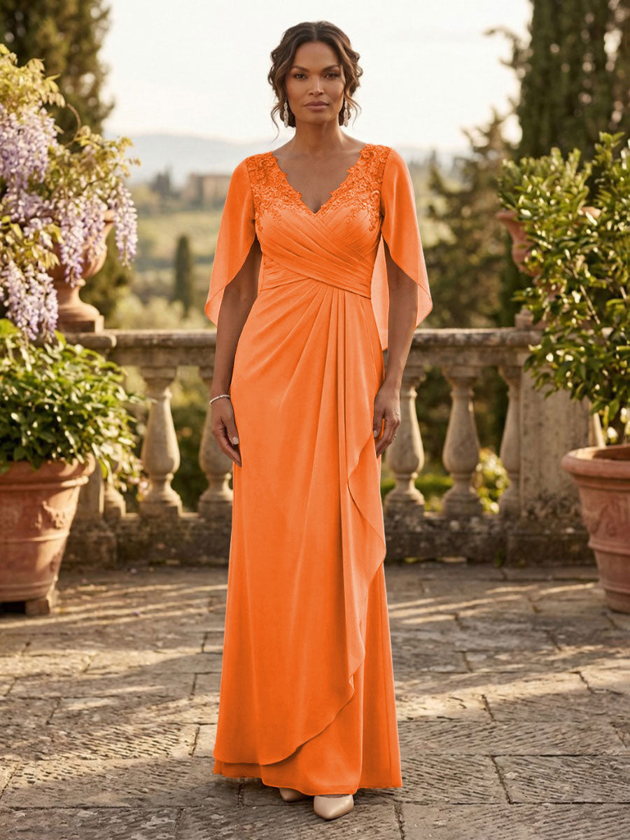 A-Line Chiffon Cape Sleeves Floor-Length Mother of the Bride & Groom Dresses with Ruched Waist