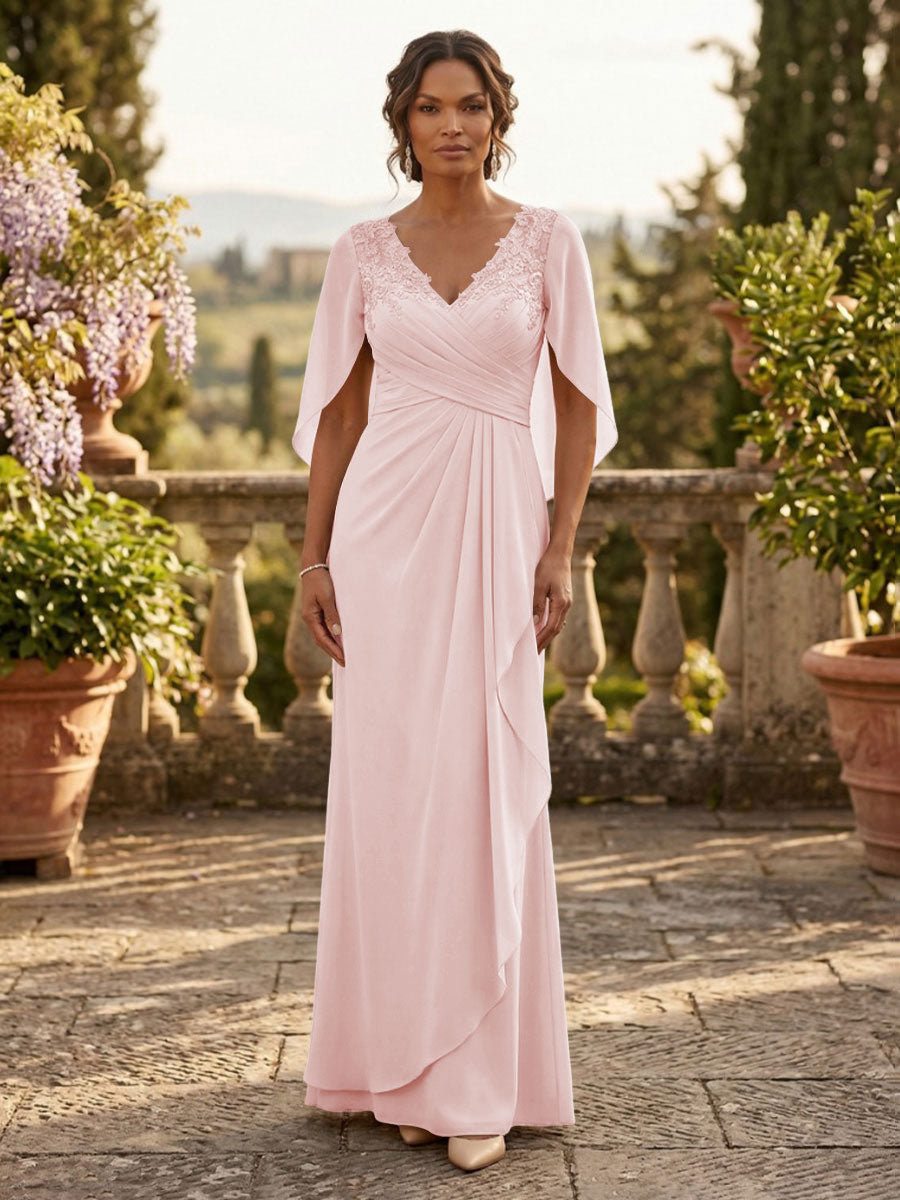 A-Line Chiffon Cape Sleeves Floor-Length Mother of the Bride & Groom Dresses with Ruched Waist