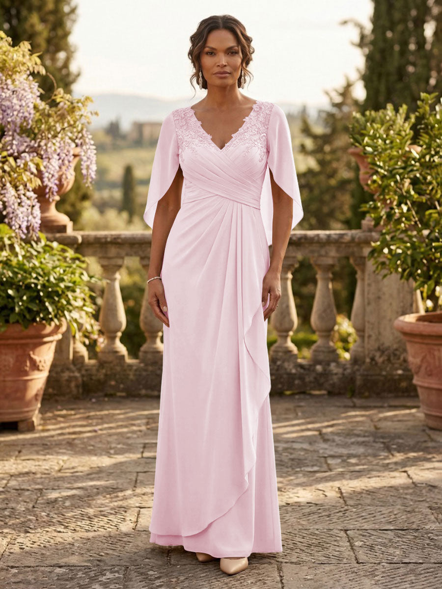 A-Line Chiffon Cape Sleeves Floor-Length Mother of the Bride & Groom Dresses with Ruched Waist