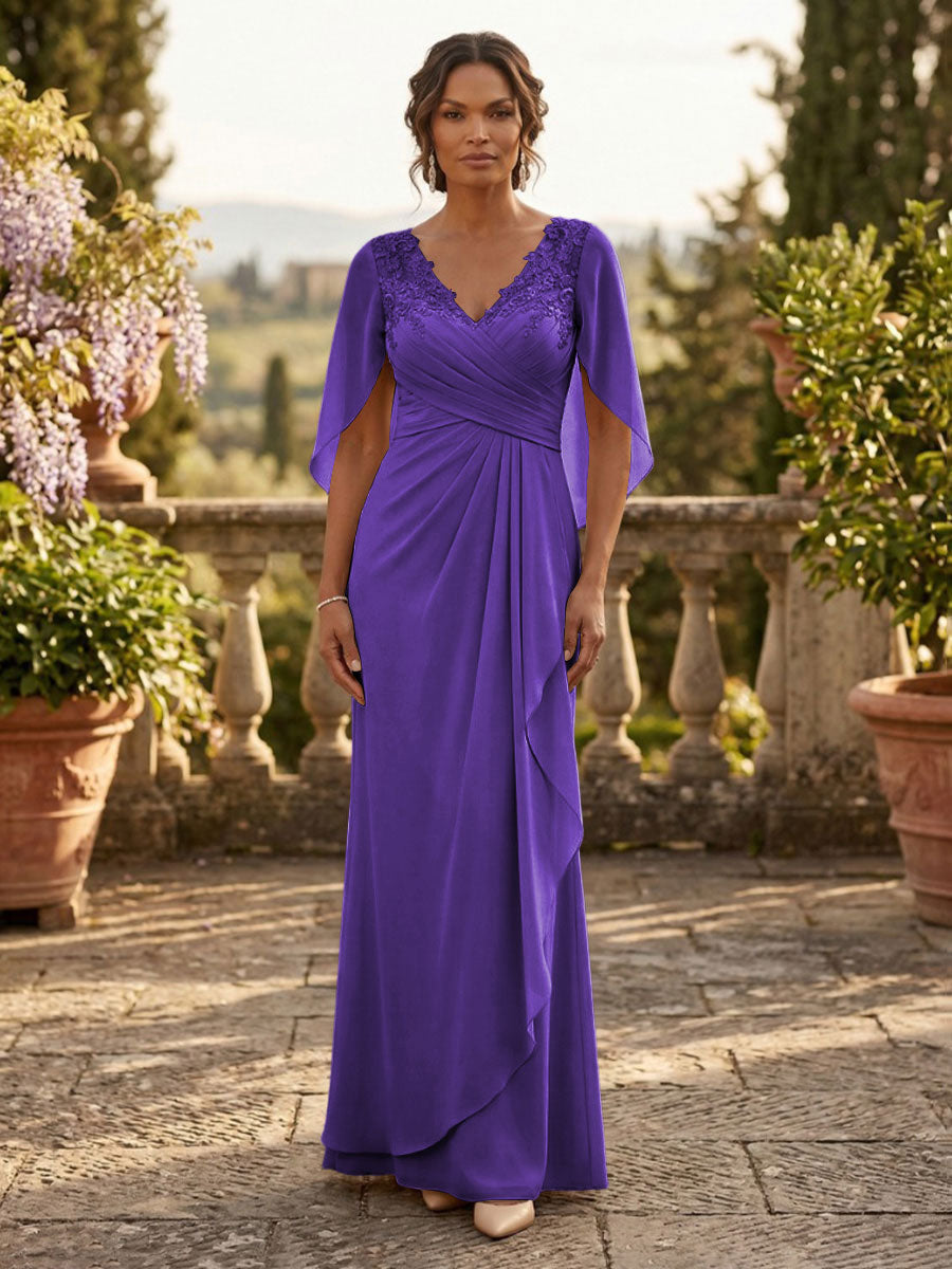 A-Line Chiffon Cape Sleeves Floor-Length Mother of the Bride & Groom Dresses with Ruched Waist