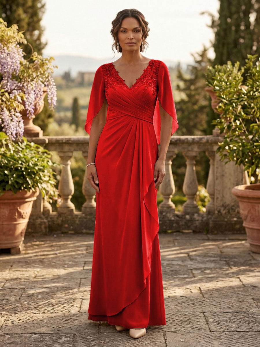 A-Line Chiffon Cape Sleeves Floor-Length Mother of the Bride & Groom Dresses with Ruched Waist