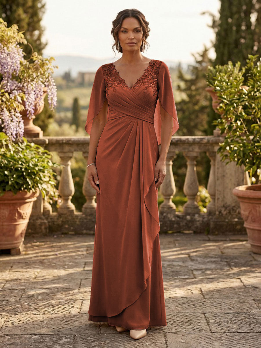 A-Line Chiffon Cape Sleeves Floor-Length Mother of the Bride & Groom Dresses with Ruched Waist