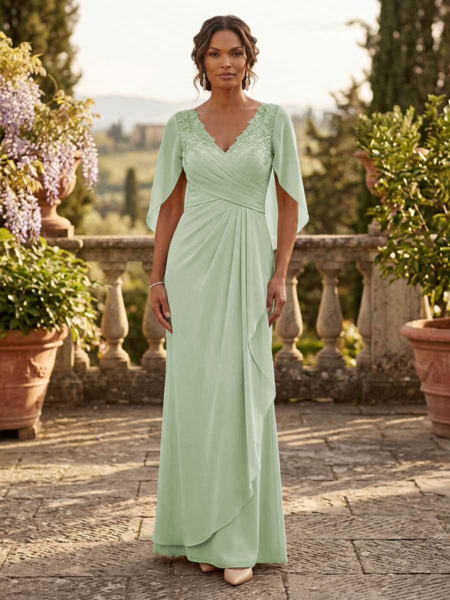 A-Line Chiffon Cape Sleeves Floor-Length Mother of the Bride & Groom Dresses with Ruched Waist