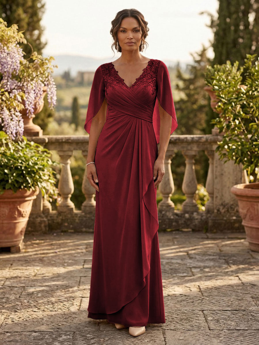 A-Line Chiffon Cape Sleeves Floor-Length Mother of the Bride & Groom Dresses with Ruched Waist