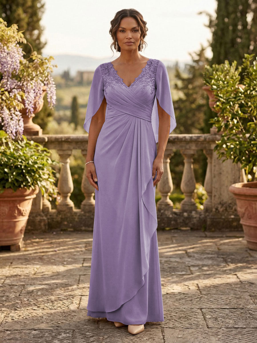 A-Line Chiffon Cape Sleeves Floor-Length Mother of the Bride & Groom Dresses with Ruched Waist