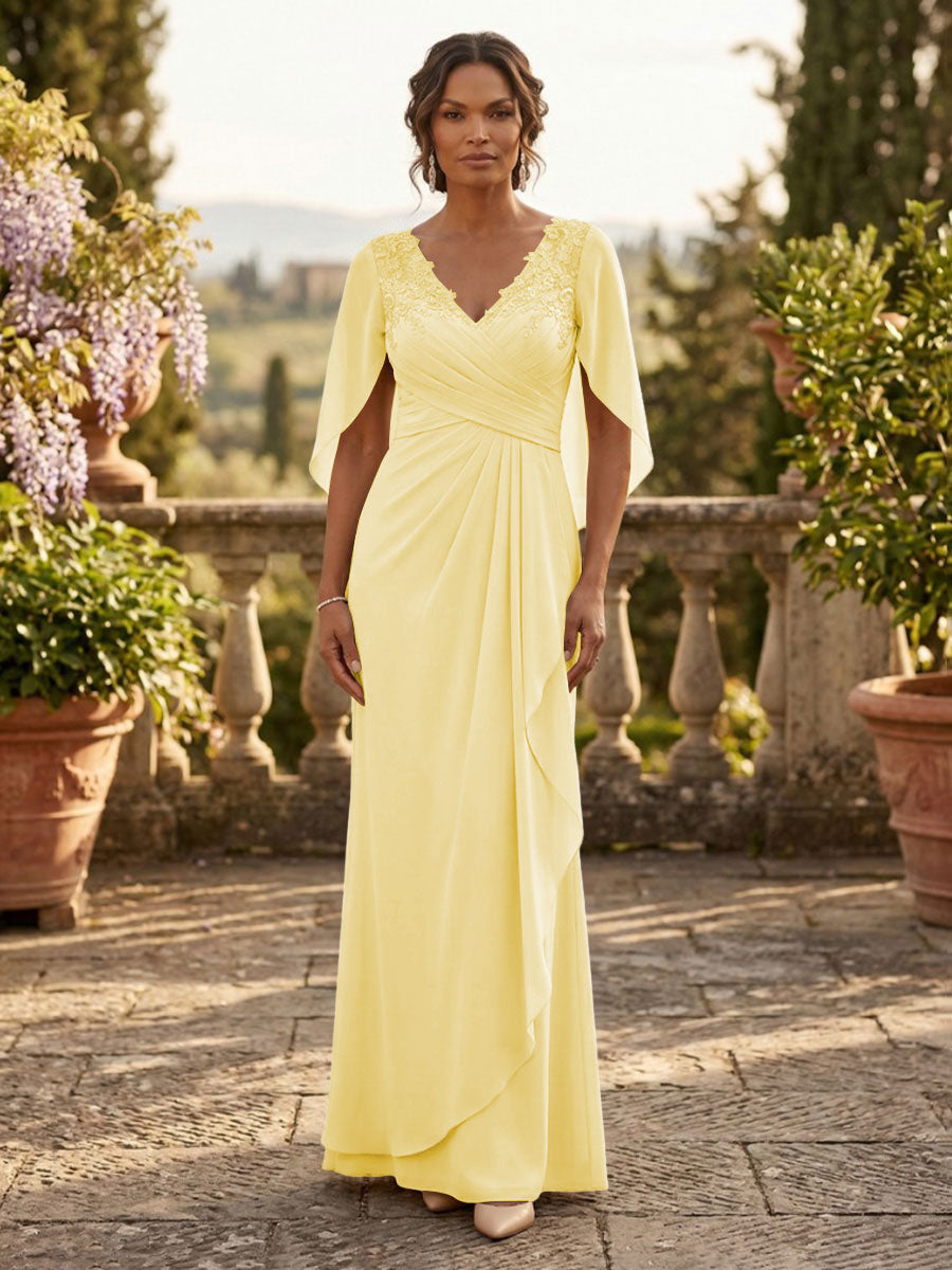 A-Line Chiffon Cape Sleeves Floor-Length Mother of the Bride & Groom Dresses with Ruched Waist