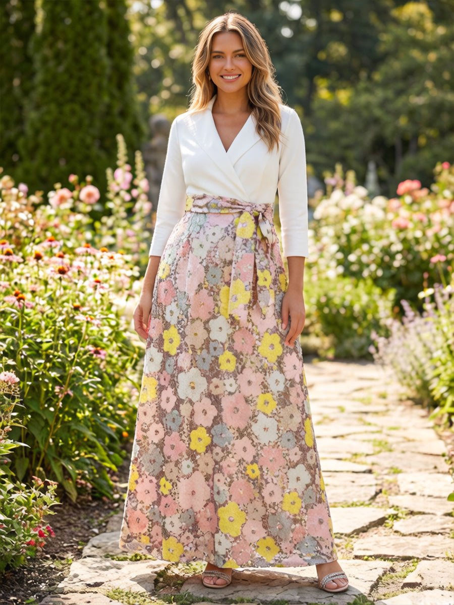 A-Line Floral Sequin 3/4 Sleeves Mother of the Bride & Groom Dresses with Notched Lapel Neck & Belt